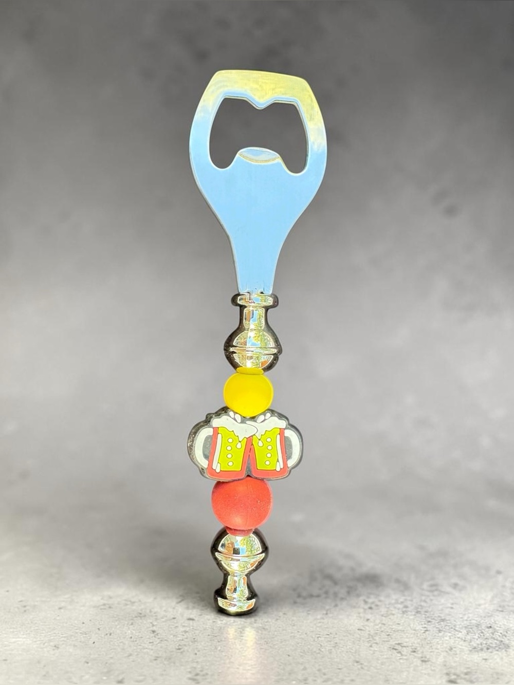 Silver Bottle Opener with Beer Mug Charm and Colorful Beads